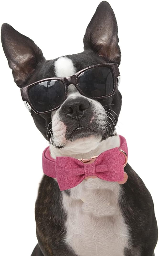 DOGWONG Pink Dog Collar with Bow, Soft Cotton Pet Collar Durable Adjustable Puppy Collar for Small Medium Large Dogs