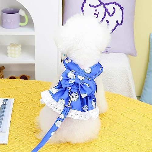 Dog Harness Dress for Small Dog Daisy Floral Dog Harness and Leash Set Bow Knot Girl Puppy Princess Skirt with D-Ring Mesh Summer Pet Clothes for Cat Dogs(Blue, X-Small)