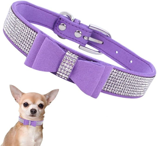 Rhinestone Dog Collar with Bow Tie, Cute Knot Crystal Bling Diamond Glitter Puppy Collars for XXS XS Small Medium Large Pet Girls Dogs Female Cats, Light Purple XSmall