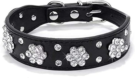 Cute Flower Rhinestone Dog Collar, Bling Collar PU Leather Adjustable Sizes Small Medium Large (Black, L)