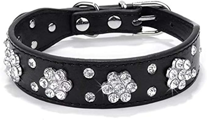 Cute Flower Rhinestone Dog Collar, Bling Collar PU Leather Adjustable Sizes Small Medium Large (Black)