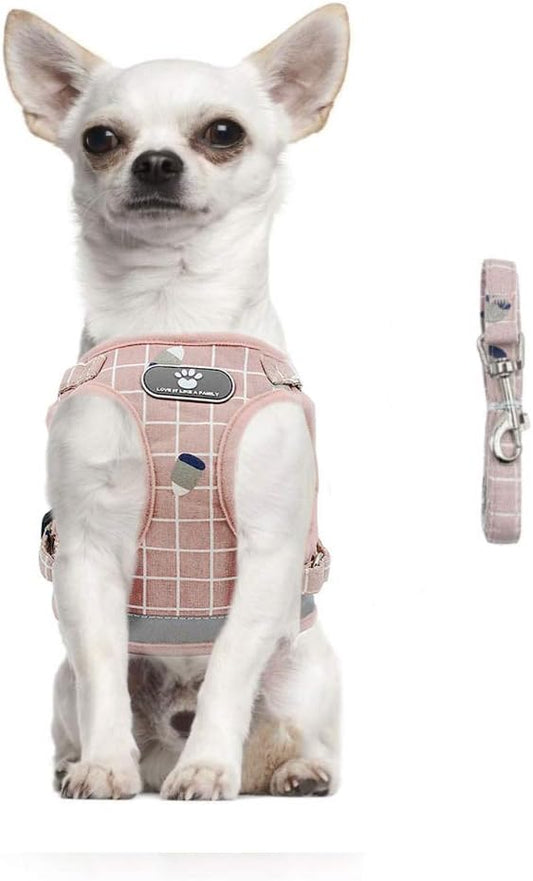 FEimaX Soft Mesh Dog Harness and Leash Set for Walking, No Pull Adjustable Reflective Puppy Step-in Vest Harness for Puppy Small Medium Dogs & Cats (L (Chest 16.1-18.1''/41-46CM), Plaid Pink)