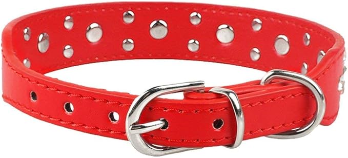 Cute Flower Rhinestone Dog Collar, Bling Collar PU Leather Adjustable Sizes Small Medium Large (Red)