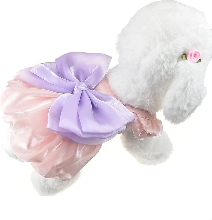 FLAdorepet Shining Dog Dress Tutu Pink Bowknot Pet Clothes for Wedding Birthday Party Doggy Gown Puppy Outfits Cat Apparel (Purple Bow, X-Small)