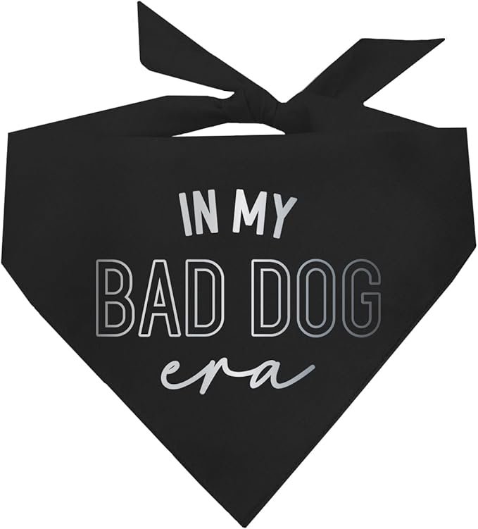 in My Bad Dog Era Metallic Printed Dog Bandana | 100% Cotton Adjustable Triangle | Trendy Pet Accessory | Bold Pups | Funny |Black, Silver Foil (1326)