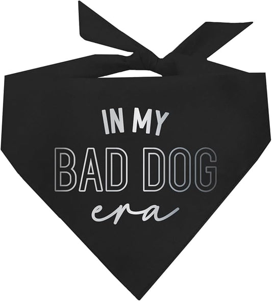 in My Bad Dog Era Metallic Printed Dog Bandana | 100% Cotton Adjustable Triangle | Trendy Pet Accessory | Bold Pups | Funny |Black, Silver Foil (1326)