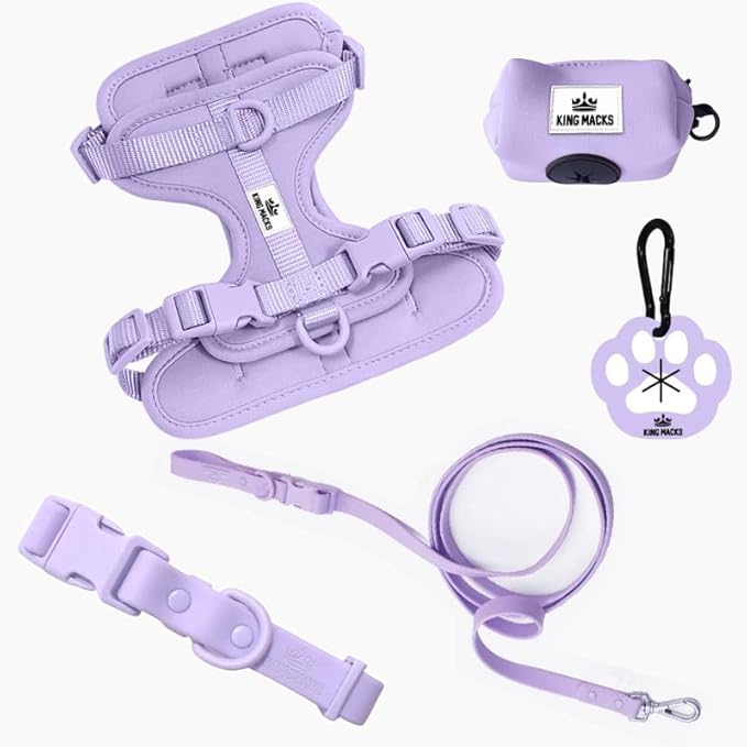 King Macks Dog Harness Set with Collar and Leash, Waste Bag Holder and Dirty Waste Bag Clip, Adjustable for Small/Medium/Large Dogs, Lightweight (Lavender, Small)
