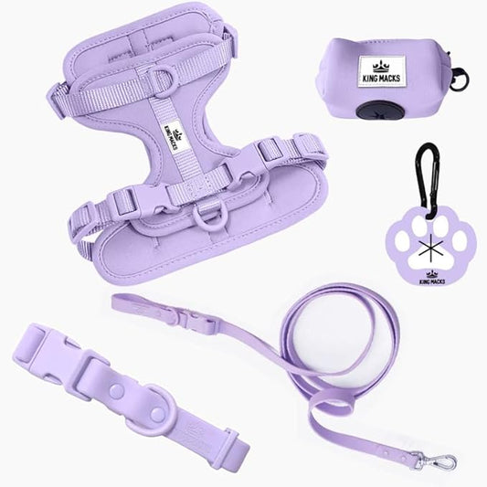 King Macks Dog Harness Set with Collar and Leash, Waste Bag Holder and Dirty Waste Bag Clip, Adjustable for Small/Medium/Large Dogs, Lightweight (Lavender, Small)