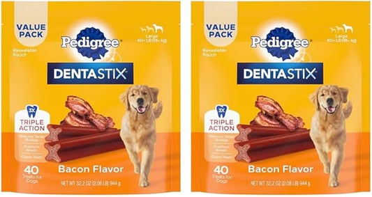 Pedigree DENTASTIX Adult Large Dog Dental Care Treats, Bacon Flavor, 2.08 lb. Pack (40 Treats) (Pack of 2)