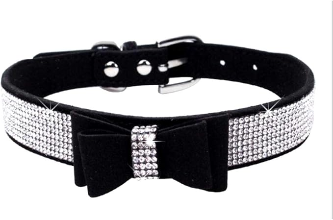 Rhinestone Dog Collar, Cute Dazzling Sparkling Soft Suede Leather Dog Cat Rhinestone Collar Crystal Diamond Pet Dog Puppy Collar (M 32-38 cm, Black-1)