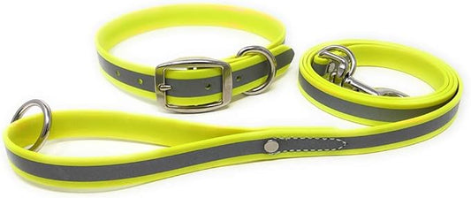 Regal Dog Products Small Yellow Reflective Dog Collar and Leash Set - Waterproof Biothane Dog Collar with Heavy Duty Double Buckle, D Ring & 5ft Leash - Other Size for Medium & Large Dogs