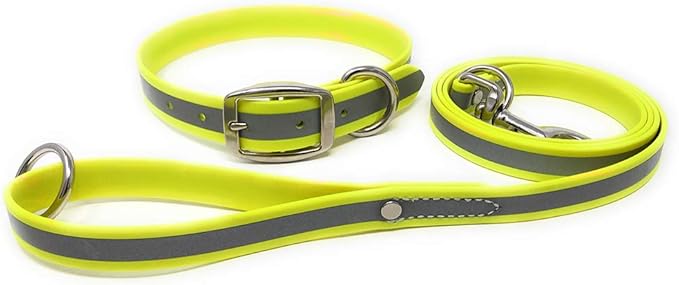Regal Dog Products Large Yellow Reflective Dog Collar and Leash Set - Waterproof Biothane Dog Collar with Heavy Duty Double Buckle, D Ring & 5ft Leash - Other Size for Medium & Large Dogs