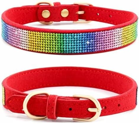Rhinestone Dog Collar, Cute Dazzling Sparkling Soft Suede Leather Dog Cat Rhinestone Collar Crystal Diamond Pet Dog Puppy Collar (XXS, Red-3)