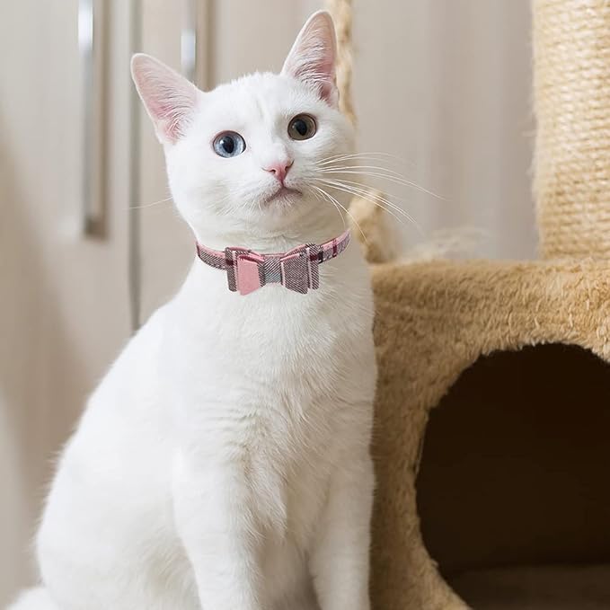 EXPAWLORER Puppy Collar and Leash Set - Plaid Dog Collar and Leash with Bow Tie and Bandana, Bell, XS Pink