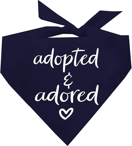 Adopted and Adored Dog Bandana | 100% Cotton Adjustable Triangle | Made in USA | Adoption Event Prop Photoshoot | Rescue | Navy X-Small (380)