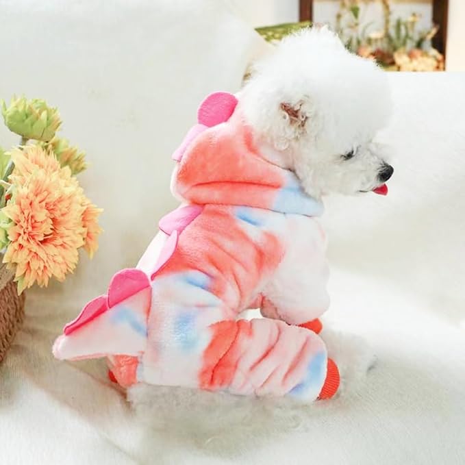 Dinosaur Dog Clothes for Small Dog Girl Boy, Fleece Winter Puppy Hoodies with Leash Ring, Cold Weather Coat for Cat, Funny Dinosaur Costume for Christmas Halloween (Pink, Medium)