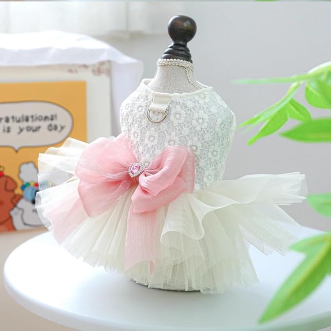 White Small Dog Wedding Dress with D-Ring, Bow Knot Puppy Clothes for Small Dog Girl,Cat Birthday Outfit, Pet Party Dress for Kitten Chihuahua Yorkie Pomeranian(White, Large)