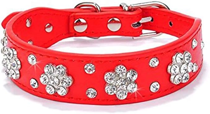 Cute Flower Rhinestone Dog Collar, Bling Collar PU Leather Adjustable Sizes Small Medium Large (Red)