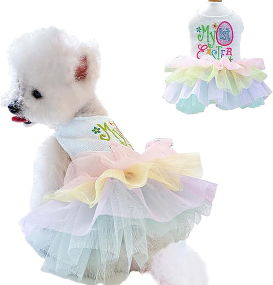 Dog Easter Outfit with My 1st Easter Embroidery Letters Holiday Puppy Dress Rainbow Small Dog Tutu Cat Apparel Fancy Pet Clothes for Chihuahua Yorkie Pomeranian Poodle (Colorful, Large)