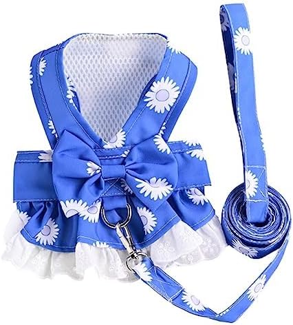 Dog Harness Dress for Small Dog Daisy Floral Dog Harness and Leash Set Bow Knot Girl Puppy Princess Skirt with D-Ring Mesh Summer Pet Clothes for Cat Dogs(Blue, X-Small)
