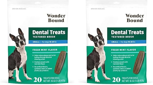 Amazon Brand - Wonder Bound Dog Dental Treats for Small Dogs (15-25 lbs), Fresh Mint Flavor, Made with Real Chicken, Nubbed Texture for Plaque & Tartar Control, Freshens Breath While Chewing, 20 Count