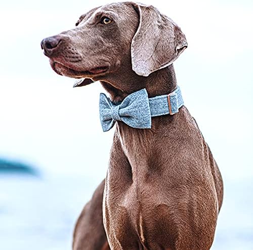 DOGWONG Hemp Cotton Dog Collar with Bow, Blue Pet Collar Durable Adjustable Puppy Collar for Large Dogs