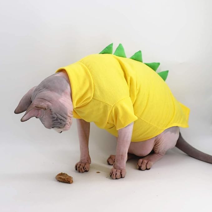 Dinosaur Design Sphynx Hairless Cat Clothes Cute Breathable Summer Cotton Shirts Cat Costume Pet Clothes,Round Collar Kitten T-Shirts with Sleeves, Cats & Small Dogs Apparel (XL (9-12 lbs), Yellow)