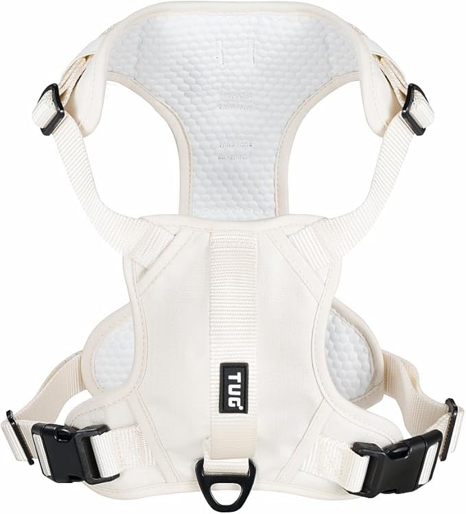 TUG Dog Harness with 2 Leash Connection Points | Adjustable, Padded, Lightweight | Handle on Back | No-Pull Front Clip (Large, Cream)