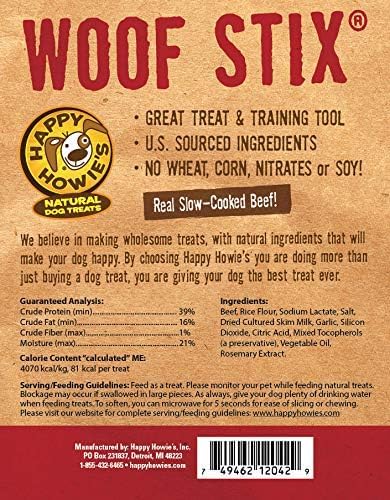Happy Howie's Beef Woof Stix - Flavorful Slow Cooked Beef Stick, Natural Ingredients, Healthy Soft Dog Treats, Hormone Free - 80 Count (Pack of 1)