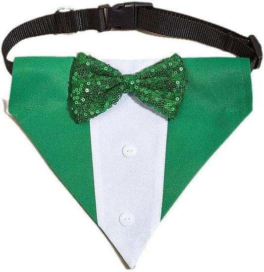 Tuxedo Dog Collar for Wedding Engagement Birthday St. Patrick's Day, Formal Dog Bandana Collar Costume with Bow Tie and Adjustable Buckle,Suitable for Small Medium Large Dog. (Green, M)
