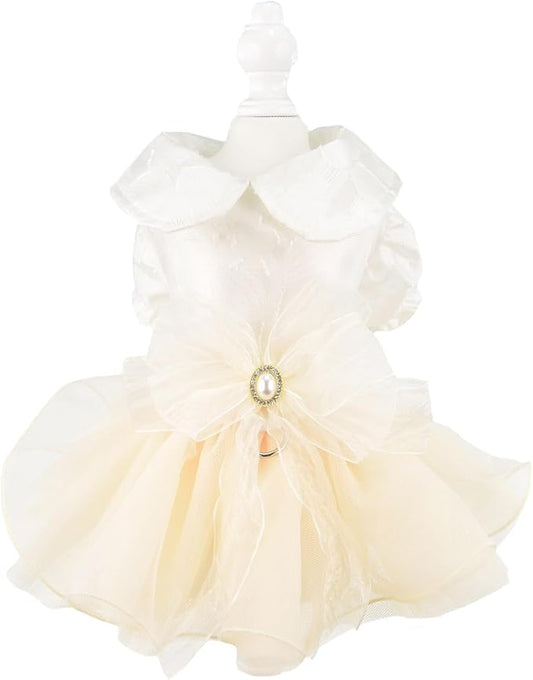 FLAdorepet White Dog Tutu Dress Skirt with Leash Ring,Dog Clothes for Small Dogs Girl,Formal Pet Wedding Attire Dresses, Cat Bridal Outfit Costume (White Bow, X-Small)