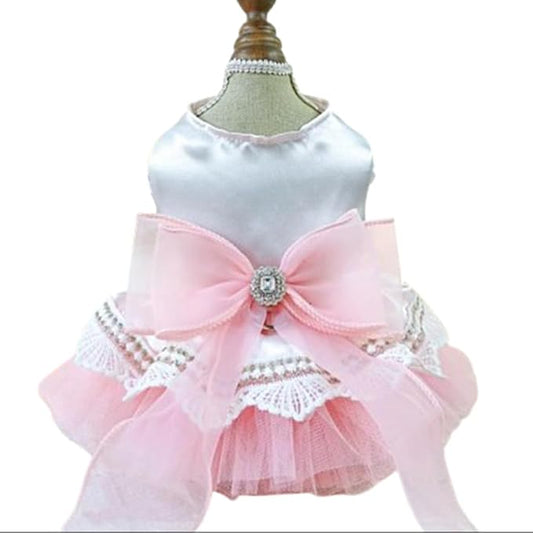 Pink Bow Tie Dog Dress for Small Dogs Girl Puppy Clothes with D-Ring Holiday Cat Harness Dresses Pet Party Outfit for Wedding Birthday Engagement Valentines (Pink Bow, Large)