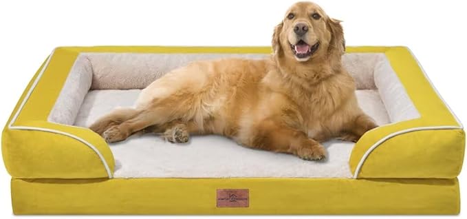 Comfort Expression Orthopedic XL Dog Beds, Waterproof Extra Large Dog Bed with Bolster, Washable Dogs Bed Sofa with Removable Cover & Non-Slip Bottom(X-Large,Spicy Mustard)