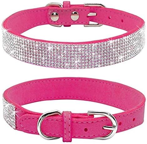 Rhinestone Dog Collar, Cute Dazzling Sparkling Soft Suede Leather Dog Cat Rhinestone Collar Crystal Diamond Pet Dog Puppy Collar(Hot Pink,S)