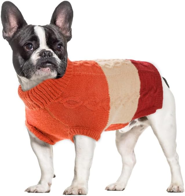 Dog Knitted Turtleneck Sweater - Dog Warm Pullover Color Block Cable Knitwear, Doggie Winter Clothes for Cats and Small Dogs Chihuahua, Bulldog (Orange, S)