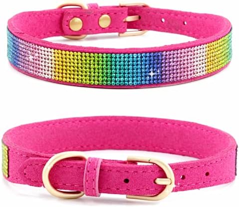 Rhinestone Dog Collar, Cute Dazzling Sparkling Soft Suede Leather Dog Cat Rhinestone Collar Crystal Diamond Pet Dog Puppy Collar (XS, Hot Pink-3)