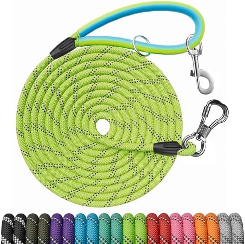 Long Dog Leash for Dog Training 10FT/15FT/20FT/30FT/40FT/50FT/100FT Reflective Leash with 2 Hooks, Heavy Duty Dogs Lead for Large Medium Small Dogs Outside Walking Camping Yard, Green 15FT