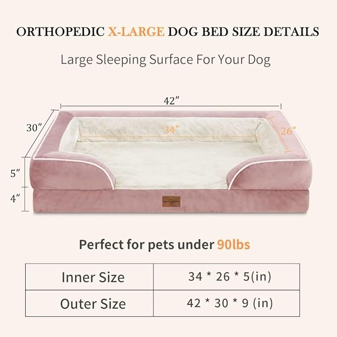 Comfort Expression Waterproof Orthopedic Foam Dog Beds Extra Large Dogs, XL Dog Bed with Bolster, Washable Pet Sofa Couch with Removable Cover & Non-Slip Bottom(X-Large,Pink)