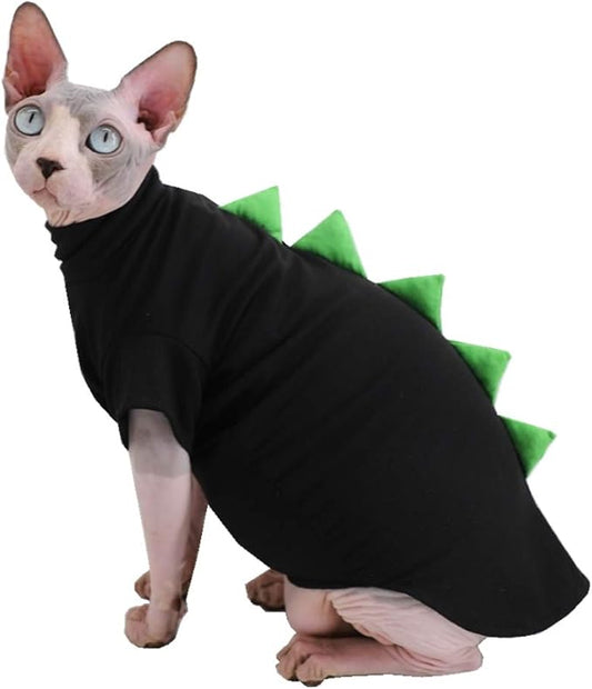 Dinosaur Design Sphynx Hairless Cat Clothes Cute Breathable Summer Cotton Shirts Cat Costume Pet Clothes,Round Collar Kitten T-Shirts with Sleeves, Cats & Small Dogs Apparel (L (7-8.8 lbs), Black)