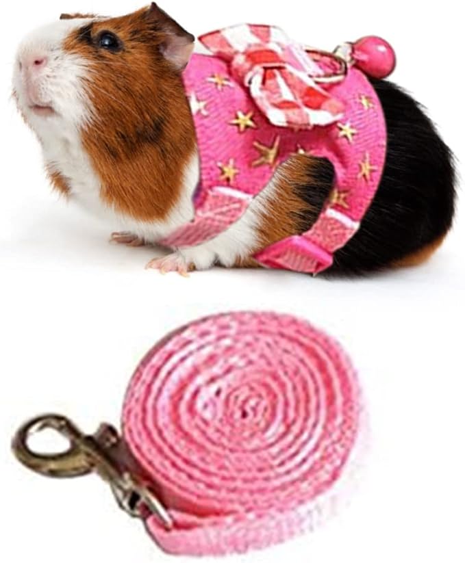 Small Animal Collar Leash Harness with Cute Bows and Bells Comfortable Durable Adjustable Suitable for Rabbit Guinea Pig Chinchilla Ferret Kitten Hamster Squirrel (Small,Pink Star)