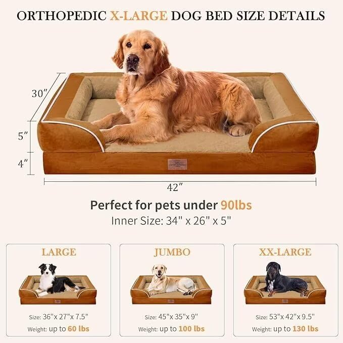Comfort Expression XL Orthopedic Dog Beds, Waterproof Extra Large Dog Beds with Bolster, Washable Pet Sofa Couch with Removable Cover & Non-Slip Bottom(X-Large,Caramel)