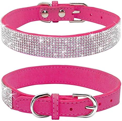 Rhinestone Dog Collar, Cute Dazzling Sparkling Soft Suede Leather Dog Cat Rhinestone Collar Crystal Diamond Pet Dog Puppy Collar(Hot Pink,XXS 15.5 - 21 cm)