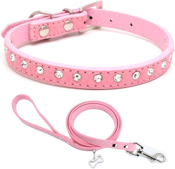 Puppy Collar and Leash with Bling Diamond, Pretty Crystal Sparkly Rhinestone Glitter Jewel Girls Cat Collars for XXS Xs Small Medium Pet Female Dogs Boys Kitten, Pink XXSmall