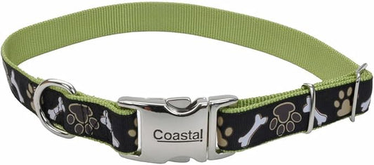 Coastal Pet - Ribbon - Adjustable Dog Collar with Metal Buckle, Brown Paws and Bones, 1" x 18"-26"