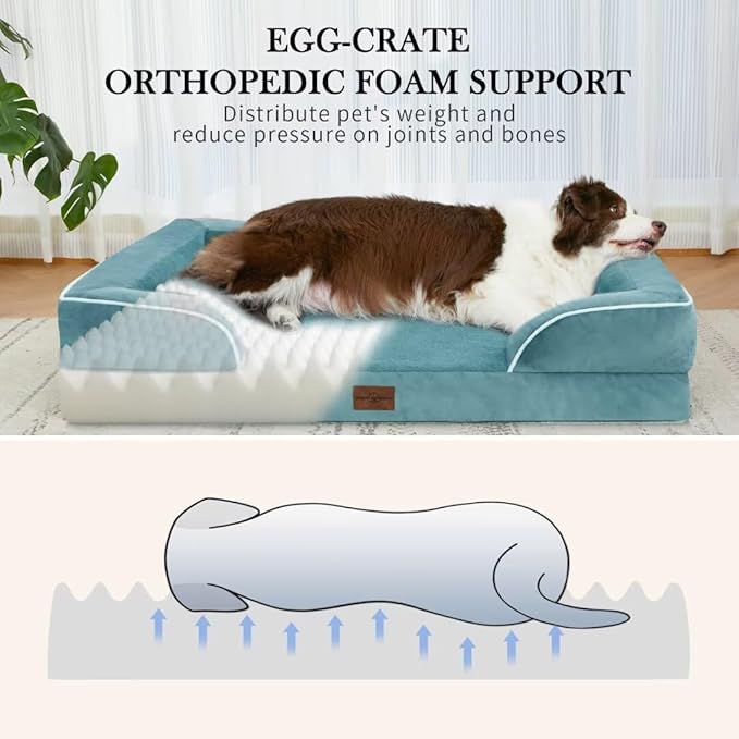 Comfort Expression Orthopedic Foam XL Dog Beds Waterproof, Extra Large Dog Bed with Bolster, Washable Pet Sofa Couch with Removable Cover & Non-Slip Bottom(X-Large,Washed Blue)