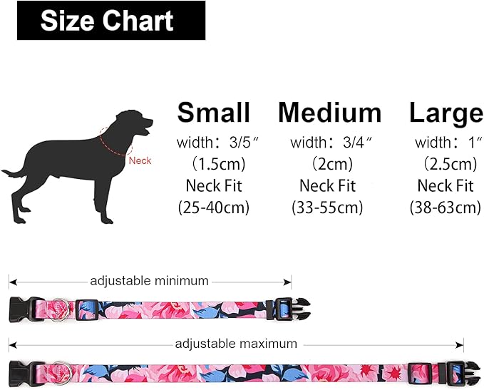 Adjustable Dog Collar with Patterns, Ultra Comfy Soft Nylon Breathable Pet Collar for Small Medium Large Dogs (M, Pink Flower)