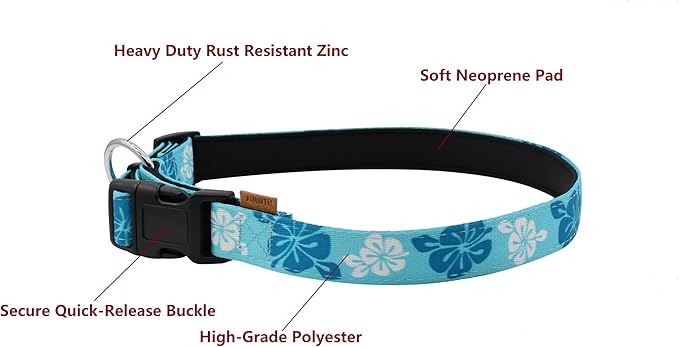Dog Collar, Cute Floral Pattern, Neoprene Padded and Adjustable Collar with Quick Release Buckle, Reinforced Structure (L (Neck 18-28", Width 1"), Hawaiian Blue)