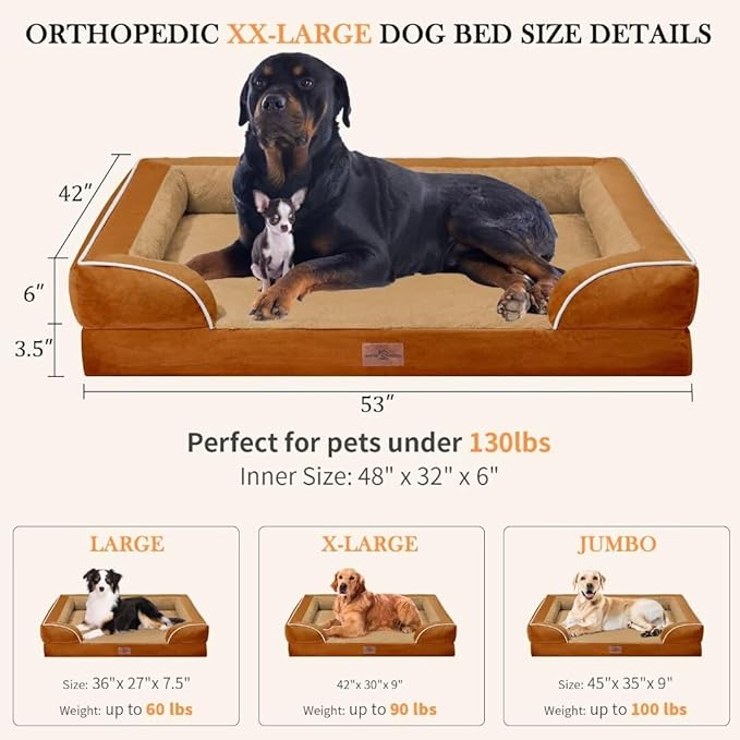 Comfort Expression Waterproof Dog Bed, XXL Dog Bed Orthopedic Foam, Waterproof Pet Sofa Couch with Washable Removable Cover & Non-Slip Bottom(XX-Large,Caramel)