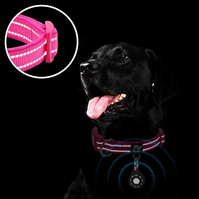 azuza Reflective Dog Collar with Airtag Holder, Soft Neoprene Padded Pet Collar with ID Tag Ring, Adjustable for Large Dogs,Hot Pink,L