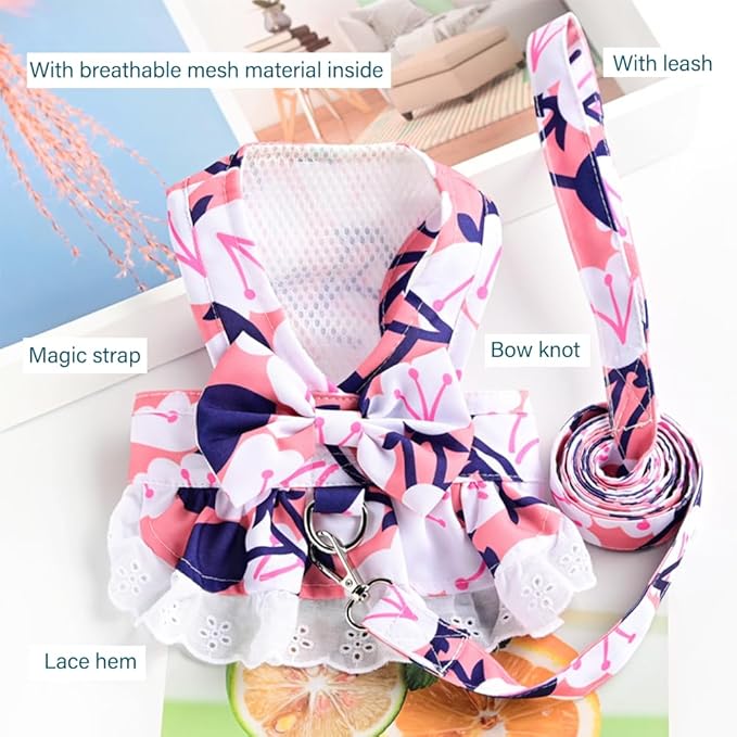 Daisy Floral Dog Harness and Leash Set - Bow Knot Girl Puppy Princess Skirt with D-Ring Mesh Summer Pet Clothes for Cat Dogs (Pink, X-Large)